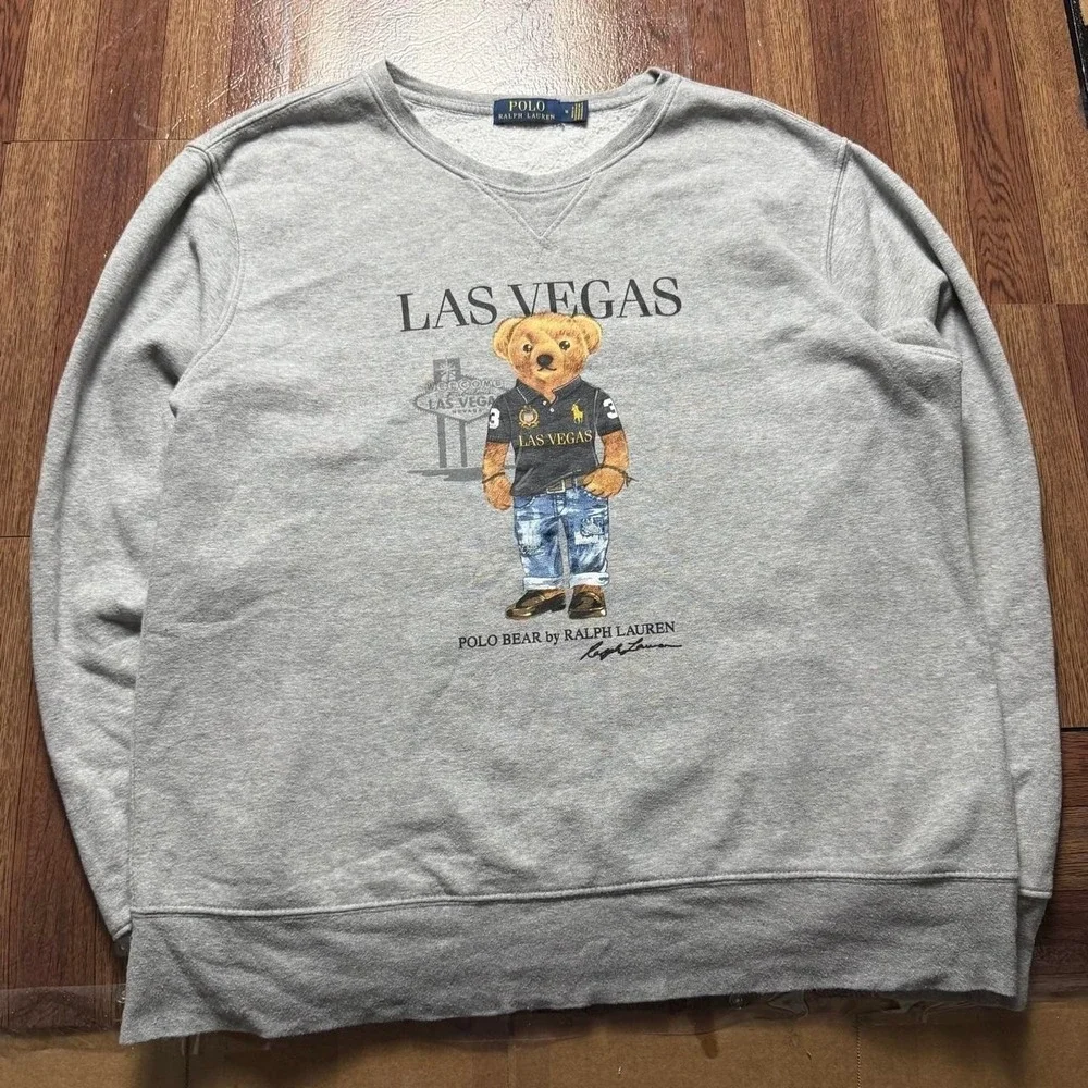 Polo Ralph Lauren Grey Fleece Las Vegas Polo Bear Sweatshirt Medium FLAWS